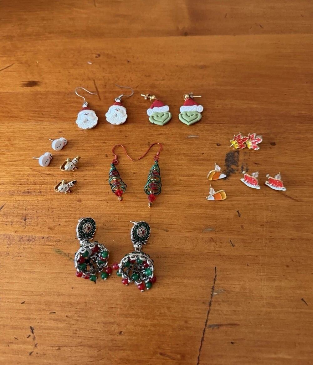Holiday Earrings Lot Christmas Fall Santa Snowman Candy Corn Leaf Jewelry Bundle